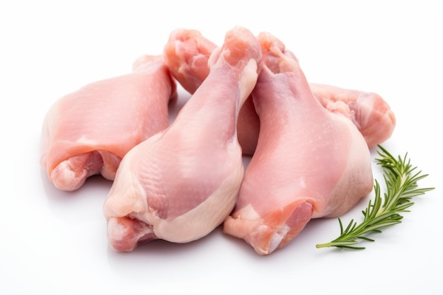 Três pedaços de frango cru com galho de alecrim em uma superfície branca ou clara PNG fundo transparente