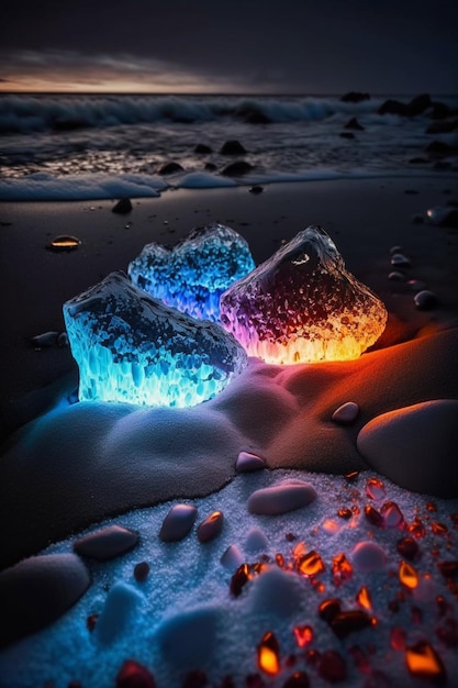 Tres pedazos de hielo sentados encima de una playa de arena generativa ai