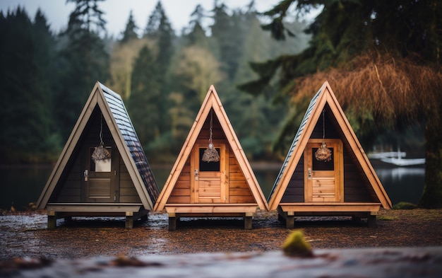 Tres pequeñas cabañas de madera se sientan pacíficamente en un lago tranquilo rodeado de la belleza de la naturaleza