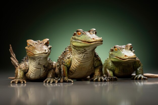 Tres pequeñas estatuillas de cocodrilo en una toma de estudio