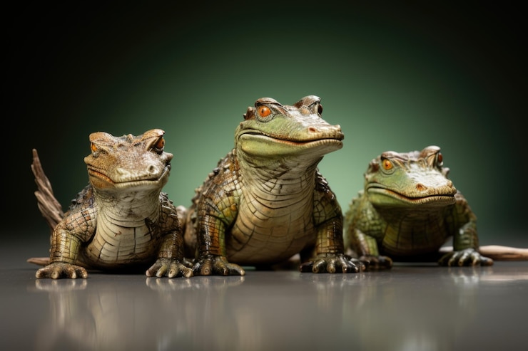 Foto tres pequeñas estatuillas de cocodrilo en una toma de estudio