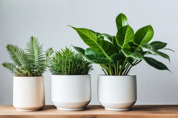 tres pequeñas ollas con plantas y plantas en un estante de madera