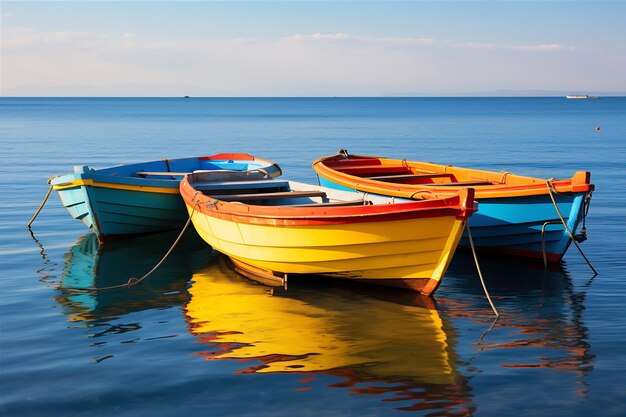 Tres pequeños barcos amarillos en el agua bajo un cielo azul