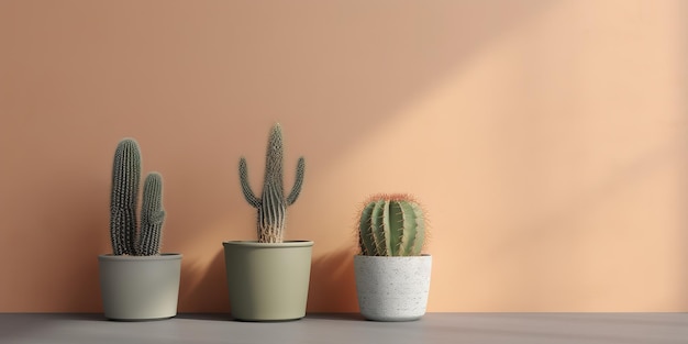 três pequenos cactos em vasos em concreto em frente a uma parede colorida