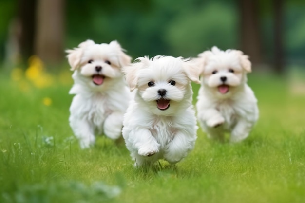 três pequenos cães brancos correndo em um campo gramado