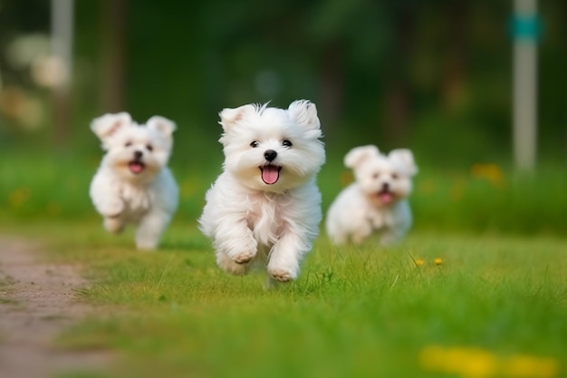três pequenos cães brancos correndo em uma trilha