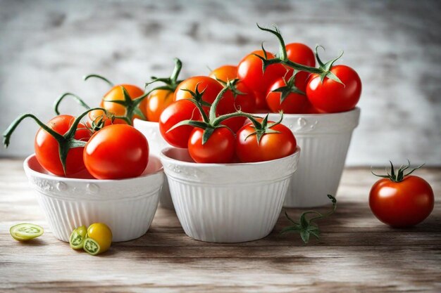 tres pequeños cuencos blancos de tomates con un limón en la parte superior