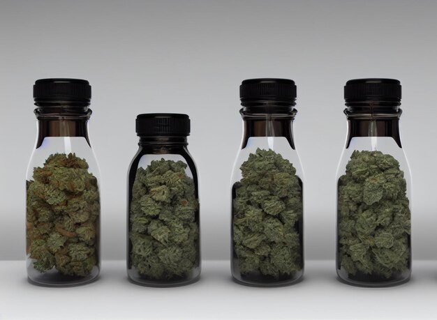 Foto três pequenos frascos de cannabis seguidos com um que diz 'cbd' nele