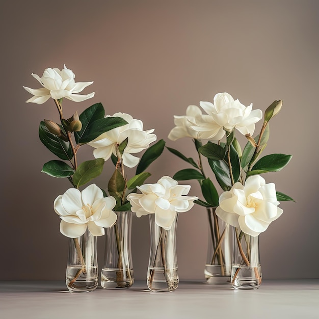 Tres pequeños jarrones con flores blancas están sobre una mesa.