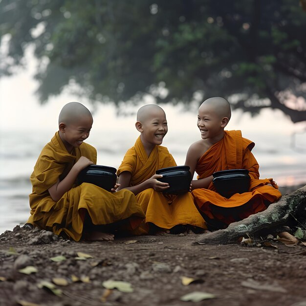 Tres pequeños monjes budistas en una zona rural