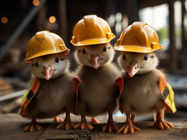 tres pequeños pájaros con cascos duros y equipos de construcción en una superficie de madera generativa ai