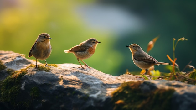 três pequenos pássaros em pé sobre uma pedra ao sol