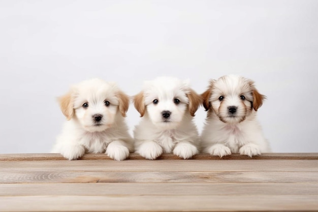 tres pequeños perros blancos sentados en una mesa de madera con uno mirando la cámara ai generativa