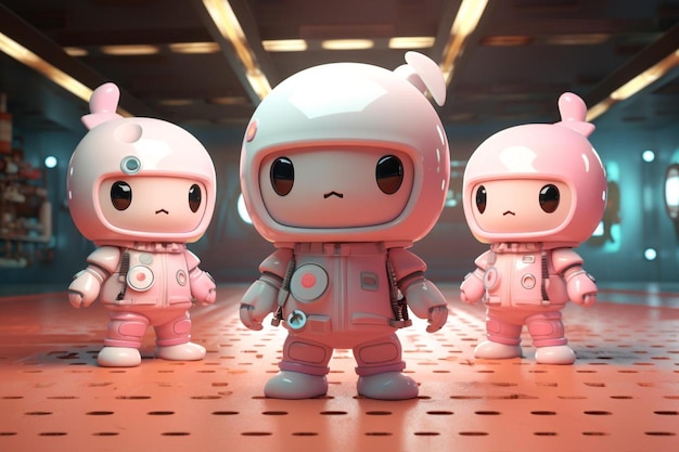 três pequenos personagens com traje espacial à esquerda.