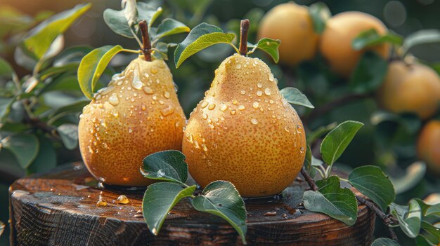 Foto três peras estão em uma mesa de madeira com folhas e algumas laranjas