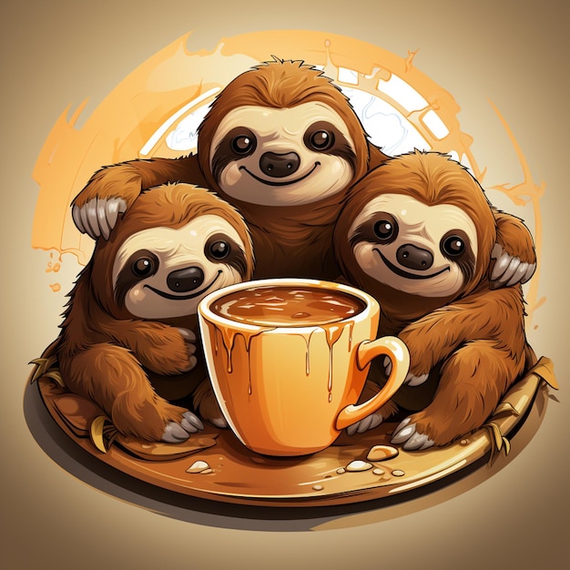 tres perezosos sentados en un plato con una taza de café generativo ai