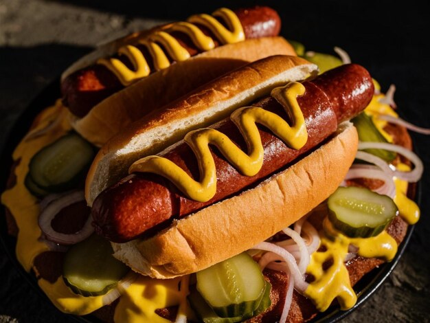 tres perritos calientes con mostaza y ketchup están en un plato