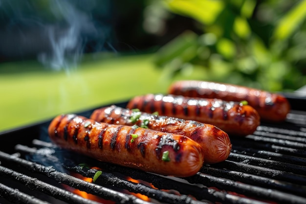 Foto tres perritos calientes a la parrilla generativo ai