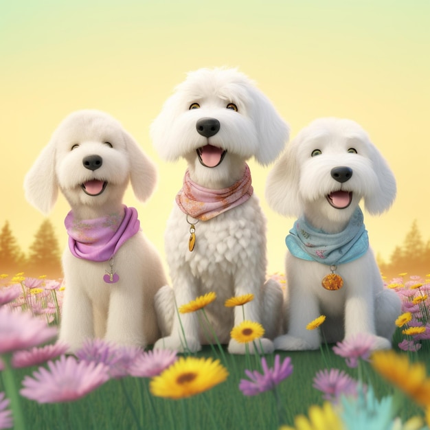 Tres perros blancos sentados en un campo de flores con un fondo de cielo generativo ai
