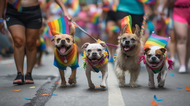 tres perros con camisas de arco iris y uno con una camisa de color arcoiris