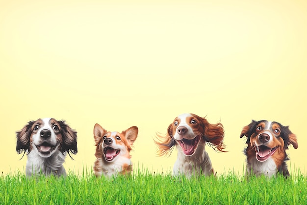 tres perros en un campo con las palabras feliz y feliz