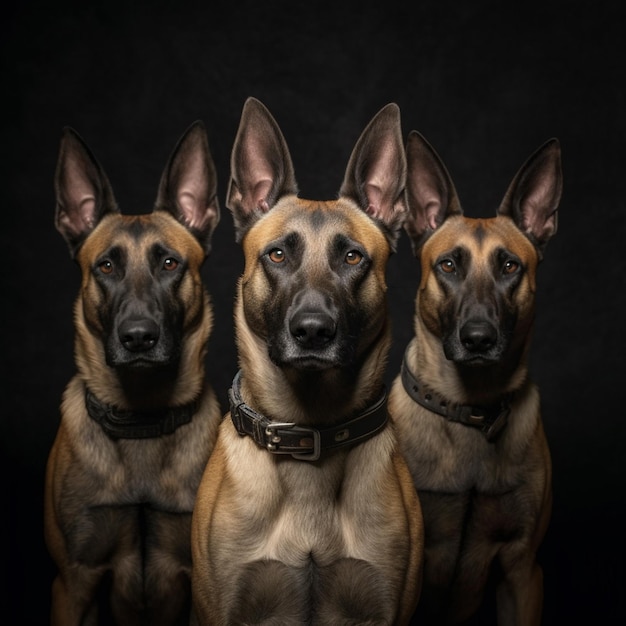 Tres perros están sentados frente a un fondo oscuro.