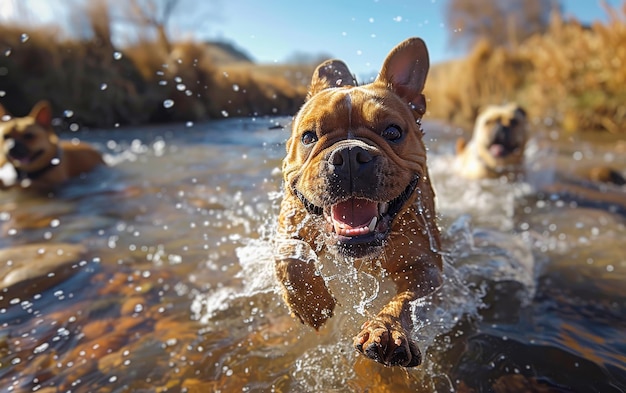 Tres perros felices corriendo y jugando en el agua