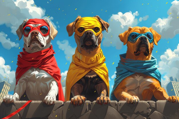 Foto tres perros con gafas de sol se sientan en la cornisa