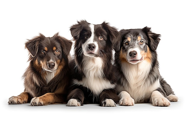 Tres perros lindos aislados en un fondo blanco IA generativa