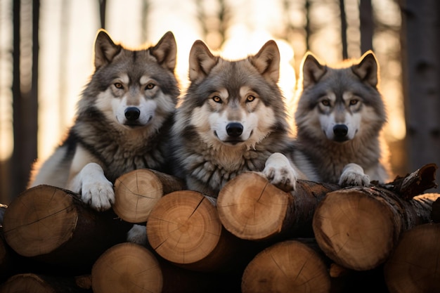 tres perros lobo sentados encima de un montón de troncos