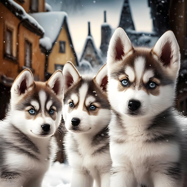 Tres perros con ojos azules están sentados en la nieve.