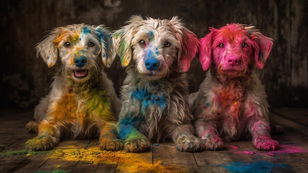 Tres perros seguidos con colores en la cara