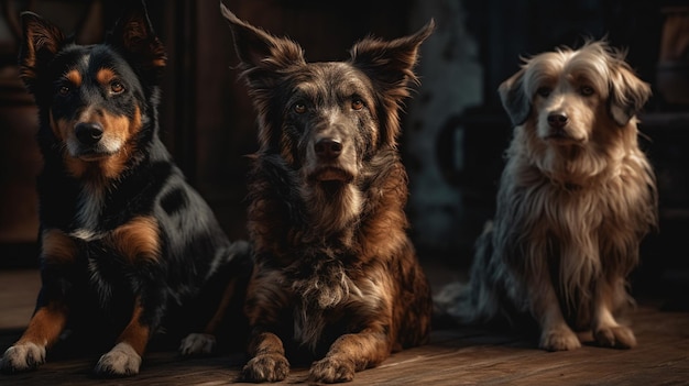 Tres perros seguidos, uno de los cuales es un perro