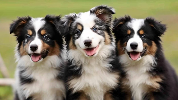 Tres perros se sientan en fila, uno de los cuales dice 'aussie' en el frente