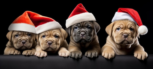 tres perros con sombreros de Santa están sentados en una superficie negra generativa ai