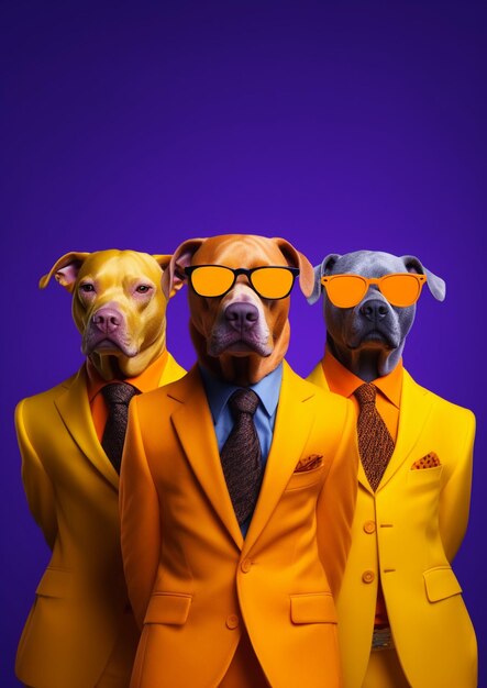 Foto tres perros con trajes amarillos con la palabra 