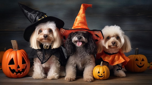 Tres perros con trajes de Halloween con linternas de Jack o en el fondo del retrato