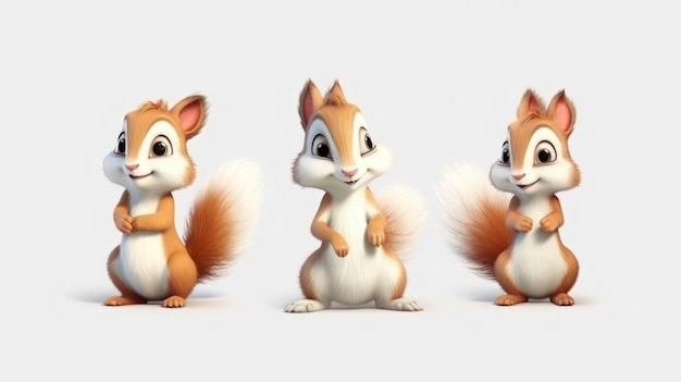 Três personagens de desenho animado de um esquilo