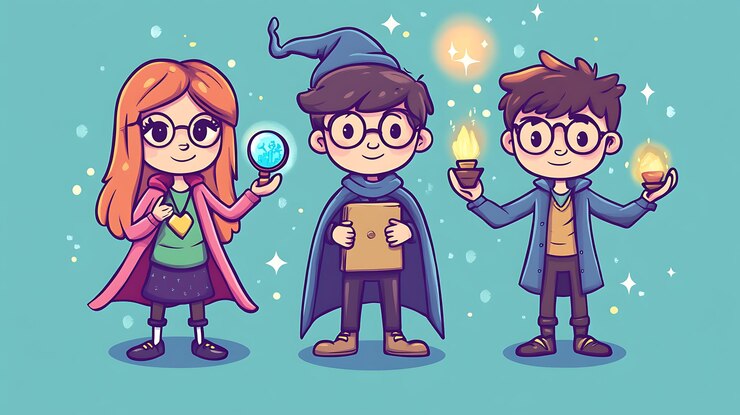 Foto três personagens de desenhos animados com itens mágicos mostrando um tema de fantasia caprichoso