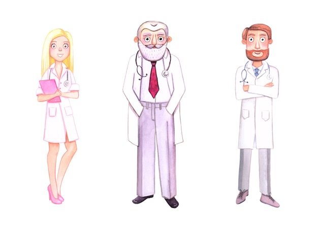 Tres personajes de acuarela. Médicos en batas blancas con estetoscopios. Aislado sobre fondo blanco.