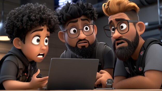 Tres personajes animados expresan su preocupación mientras miran la pantalla de una computadora portátil