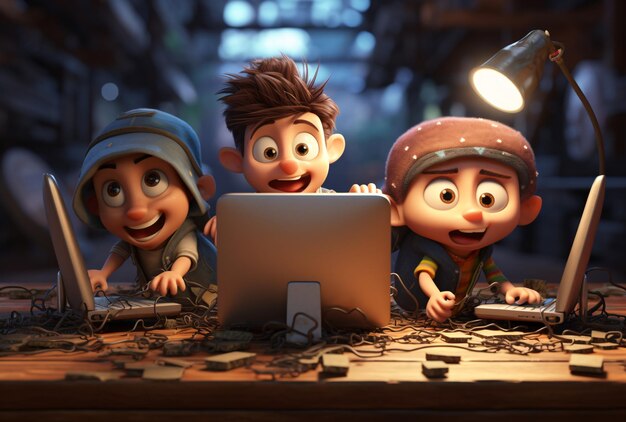Tres personajes de dibujos animados sentados en un escritorio de computadora IA generativa
