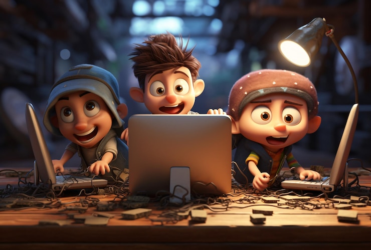 Foto tres personajes de dibujos animados sentados en un escritorio de computadora ia generativa