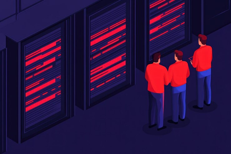 Foto tres personas analizando datos digitales en pantallas en un entorno tecnológico moderno