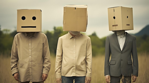 tres personas con cajas en la cabeza paradas en un campo IA generativa