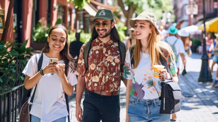 Tres personas caminando por una calle una de ellas mirando un teléfono celular