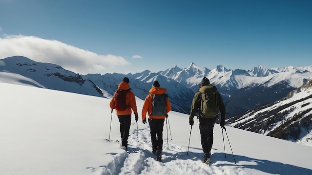 tres personas caminando en la nieve con montañas en el fondo