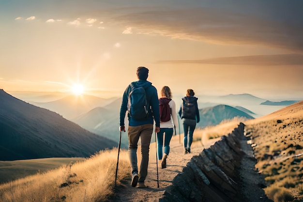 Tres personas caminando por un sendero de montaña con una puesta de sol de fondo