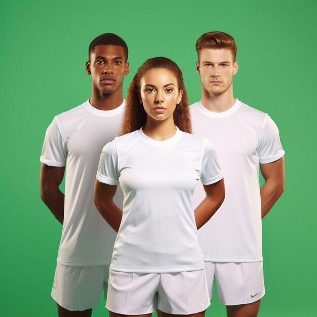 Foto tres personas con camisas blancas se paran frente a un fondo verde.