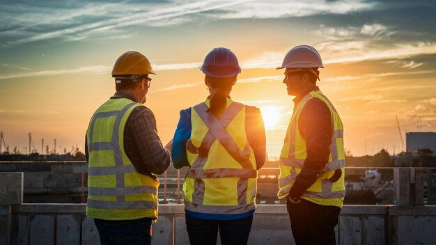 tres personas con cascos de seguridad de pie en un sitio de construcción uno de ellos con un chaleco que dice quo